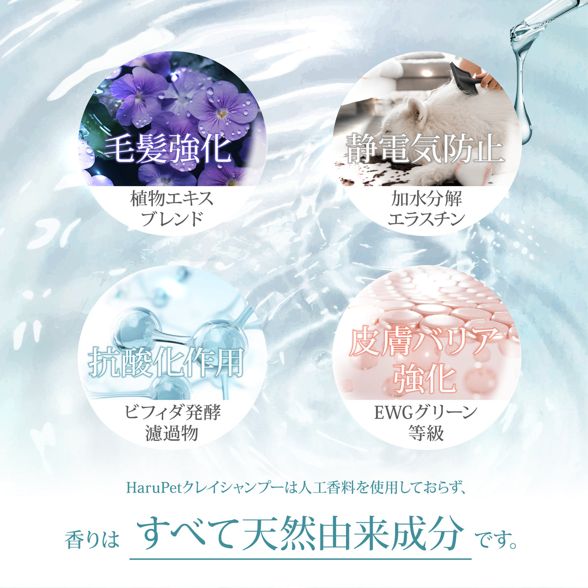 HaruPet ハルペット クレイシャンプー トリマー監修 フランス産クレイ配合 犬猫兼用 天然成分 低刺激 弱酸性 ペット用 長毛/短毛対応 保湿・消臭 皮膚ケア 50g / 300ml /4L
